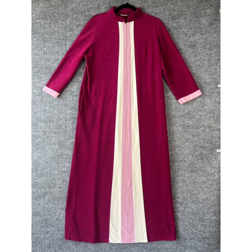 Vintage 70s Mod Colorblock Maxi Robe Burgundy Pink Dacron Zip Housecoat M